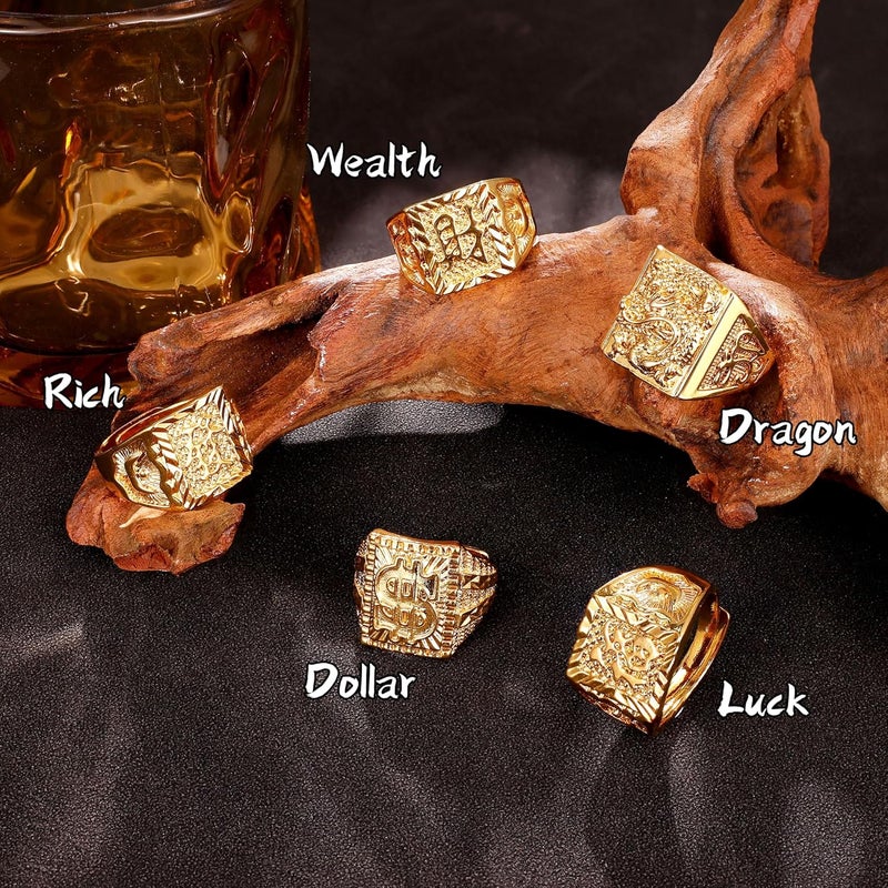 NICEIGHT 5Pcs 18K Gold Filled Rings Set for Men Women Kanji Rings Rich Luck Wealth Dragon Dollar Rings Set Adjustable Size - Image 2